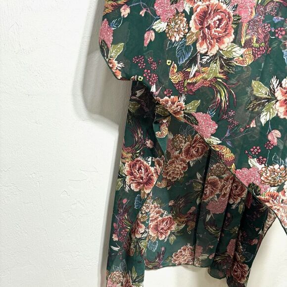 Xhilaration Kimono Green & Pink Floral Bird Sheer Long Split Sides Women sz XS/S - Picture 3 of 8